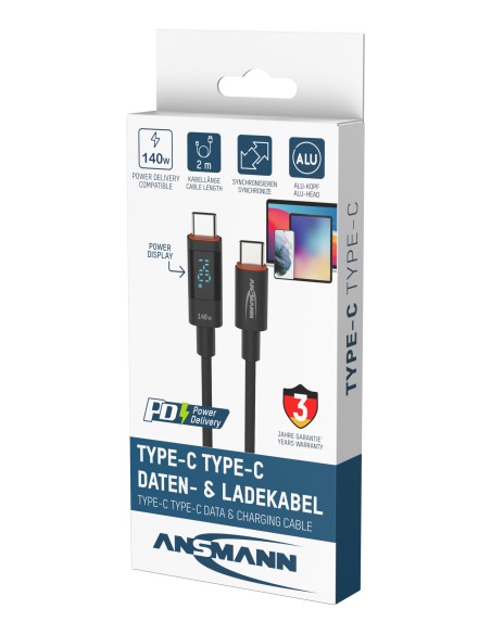 ANSMANN USB-C USB-C cable, 200 cm display 140W