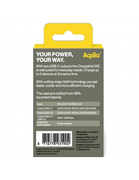 Aqiila Chargebird W2 Adaptateur 45W 2x USB-C GAN