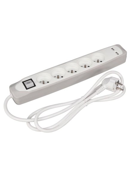 BLOC MULTIPRISE AVEC INTERRUPTEUR - 5 PRISES - 2 PORTS USB - GRIS/BLANC - TERRE FRANÇAISE