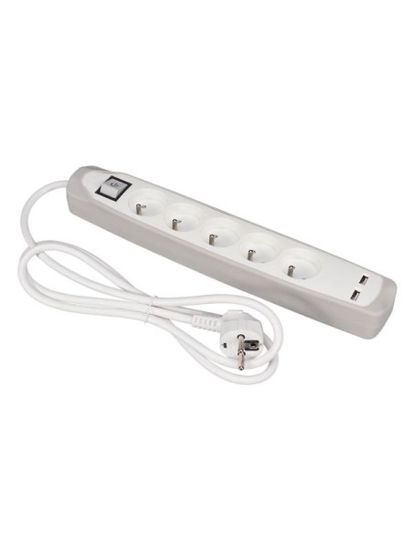 5-VOUDIGE STEKKERDOOS MET SCHAKELAAR - 2 USB-POORTEN - GRIJS/WIT - PENAARDE